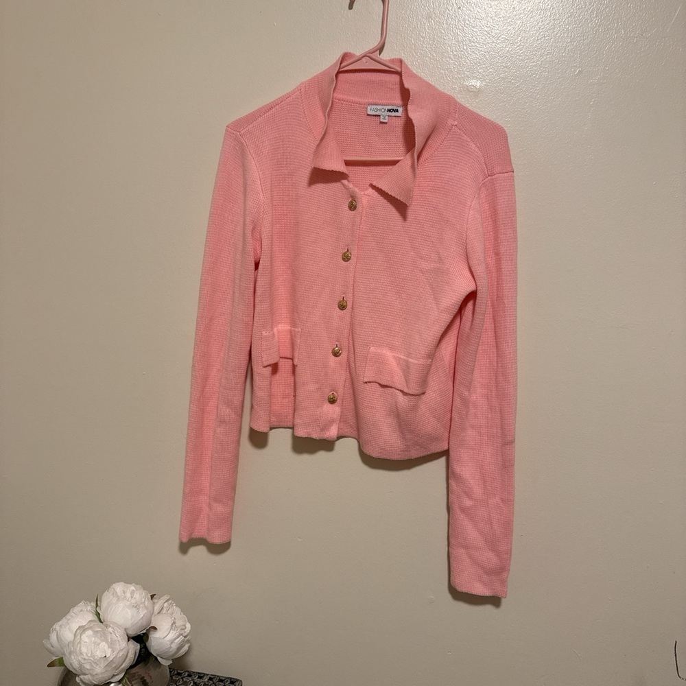 St. John Coral Pink Knit Button-Front Cardigan